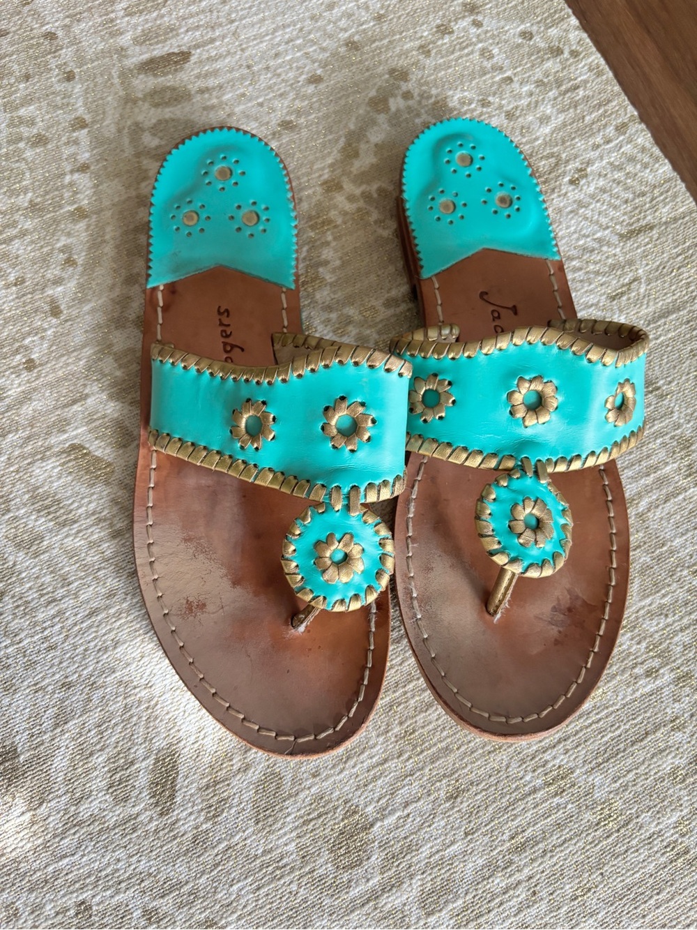 Jack Rogers Turquoise Leather Sandals with Gold Trim